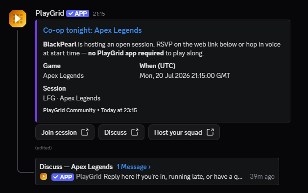 PlayGrid bot open-session card in Discord #open-sessions with Join session, Discuss, and Host buttons
